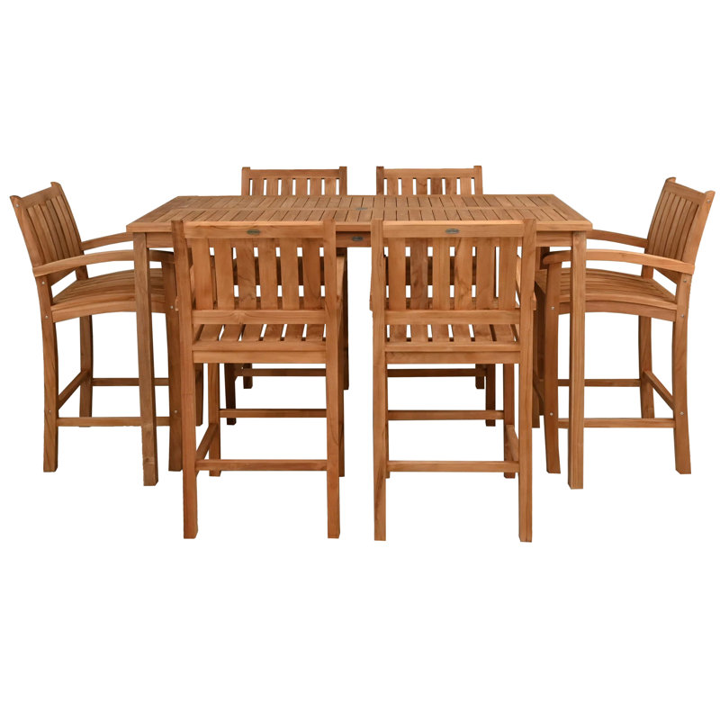 Teak Wood Bistro Bar Set Including Rectangular Table And Abacho Barstools With Arms, 6, 43" H x 71" L x 35.5" W