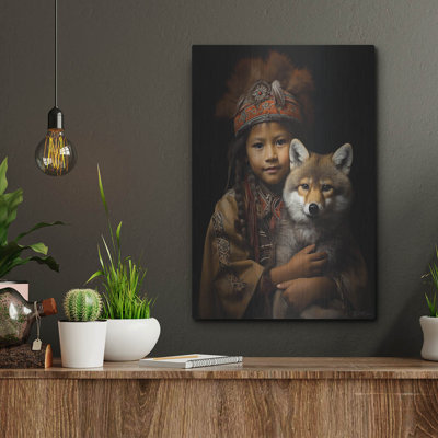  «Native American Child With Wolf Cub 2» par Momart, art mural en métal, 12 po x 16 po