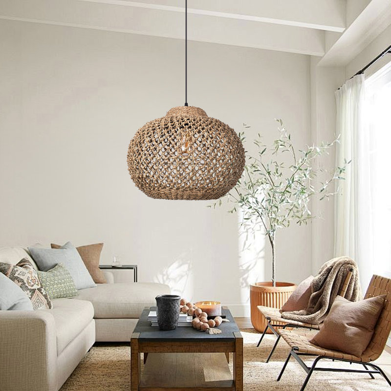 Rattan Pendant Lights for Kitchen Island,Globe Rattan Pendant Shade, 14.17" H x 19.69" W x 19.69" D