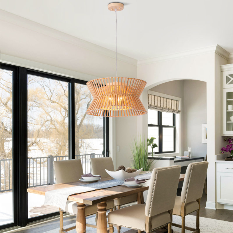 Arba 3-Light Dimmable Solid Wood Drum Chandelier, Natural Wood