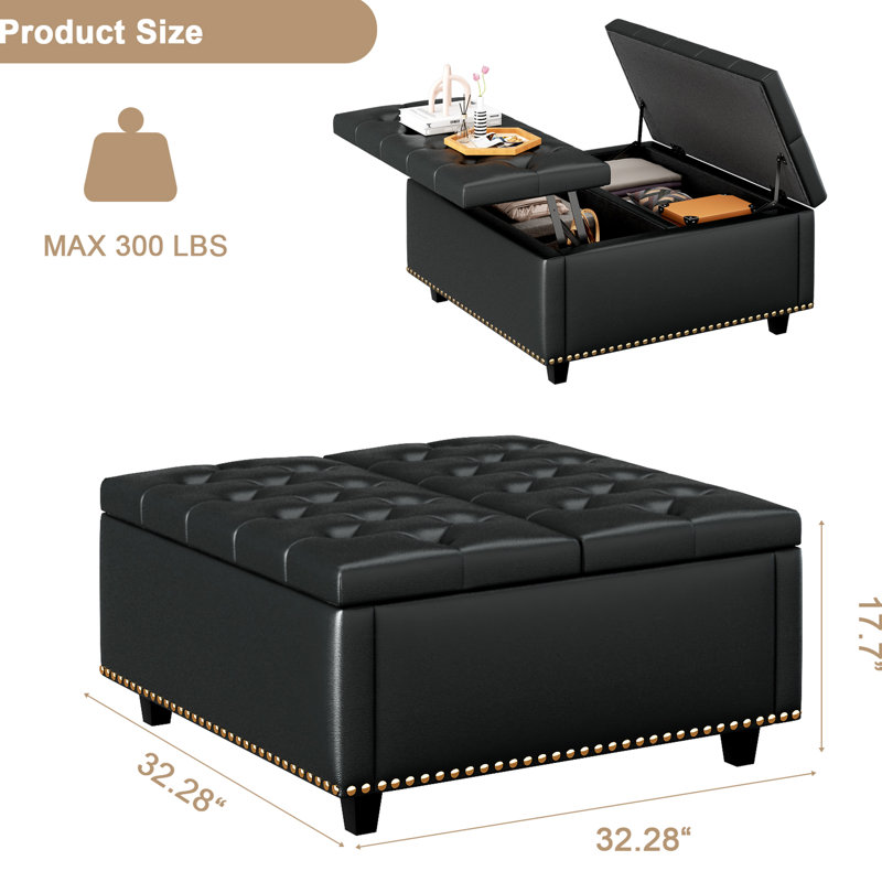 Oversized Square Pu Leather Storage For Bedroom And Living Room, Stylish Mid-Century Style Large With Rivets, Black, Black