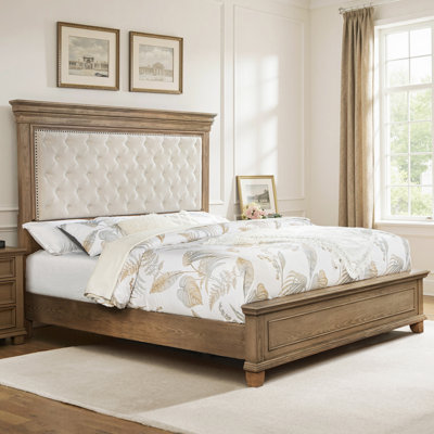 Deines Mid-century Solid Wood Bed Frame with Upholstered Chenille Headboard
