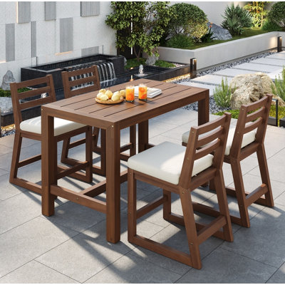 Ensemble de bar de patio rustique 5 pièces, table à lattes en bois massif et chaises ergonomiques, mobilier de bar extérieur pour piscine, balcon, cour et porche
