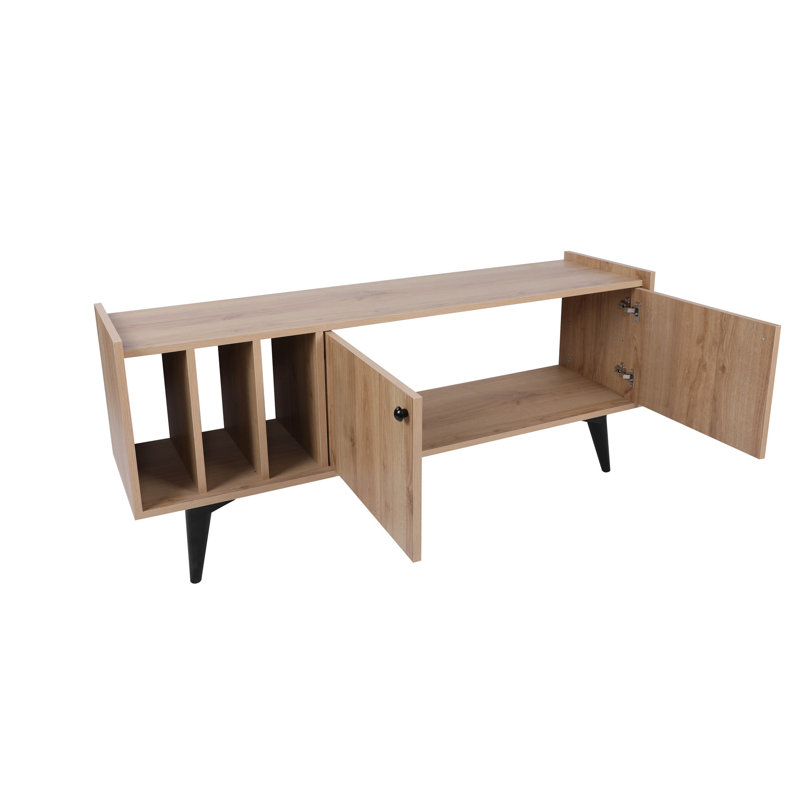 Modern Oak TV Stand with Wall-Mount Option, 59.1 x 24.4 x 15.7 inches | 100% Melamine Coated Particle Board, Thickness: 0.7 inches | Stylish Scandinavian Design, Durable Plastic Legs, Multiple Shelves for Organized Storage