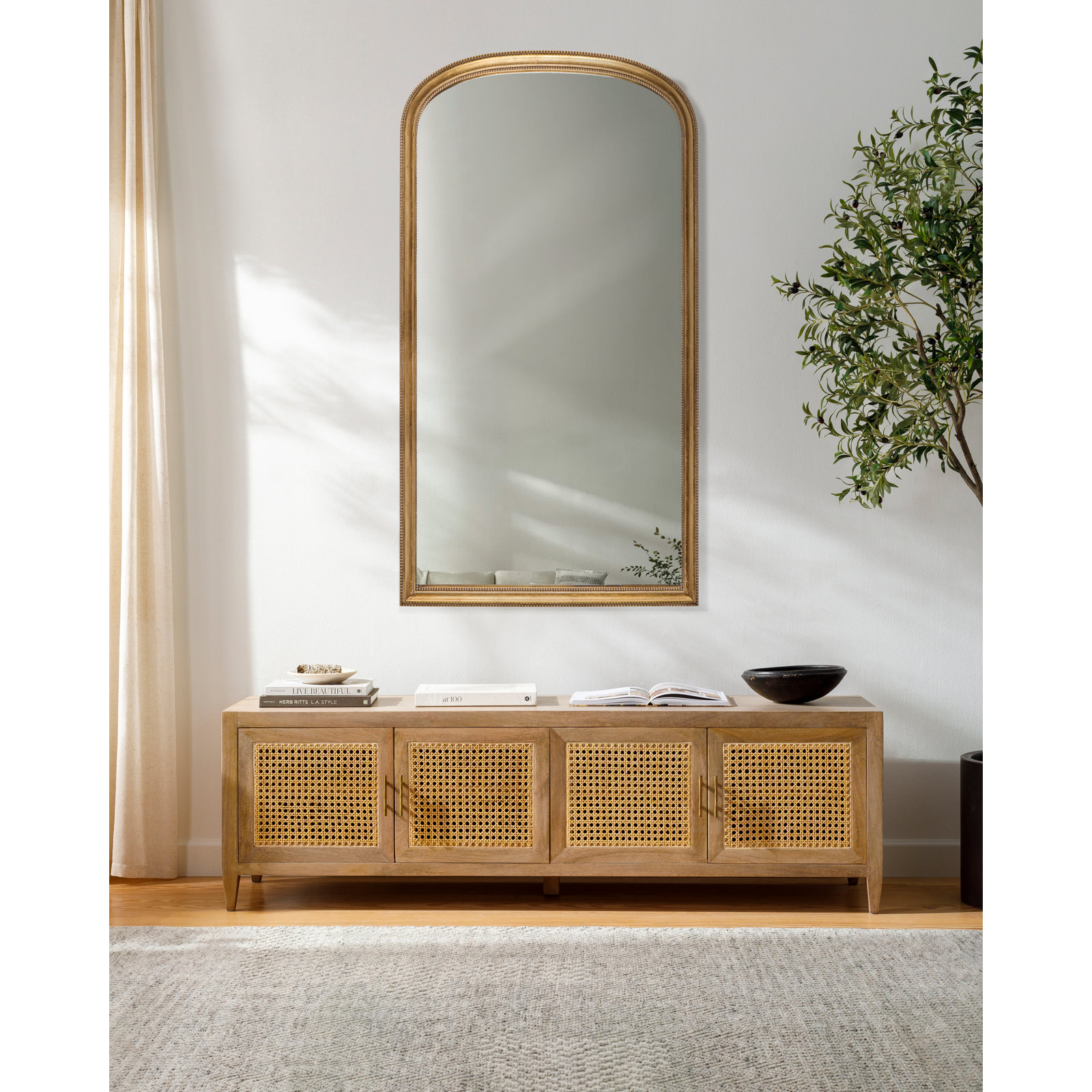 Claritha 40" Pine Accent Mirror, Gold, 65" x 35"