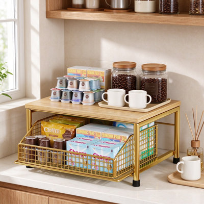 Coffee Pod Drawer and Counter Coffee Bar Organizer with Steel Frame and Wood Top for Home Kitchen Storage