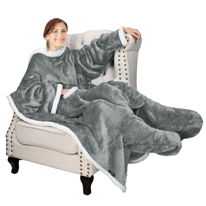Gray Sherpa Fleece Wearable Blanket with Sleeves and Foot Pockets