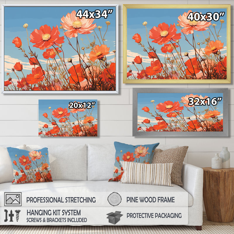 Red Poppies Retro Blue Sky - Poppy Wall Art Print, Black Floater Frame,Solid Wood, 12"H x 20"W