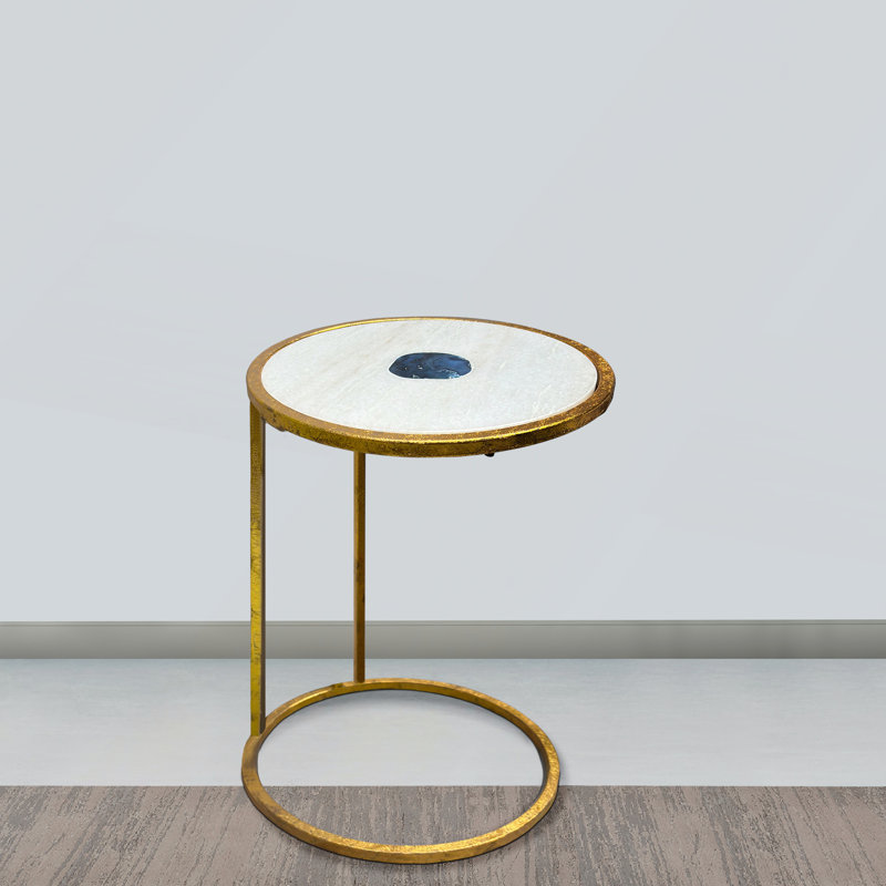 Table de bout ronde 20 po, plateau en marbre blanc avec incrustation de pierre d'agate bleue