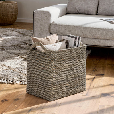 Grand panier de rangement décoratif en rotin avec poignées pour oreilles Simran, noir, blanc / brun délavé