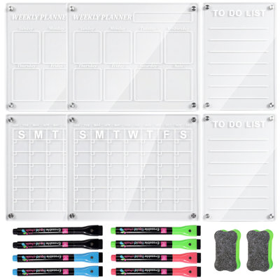Acrylic Magnetic Calendar Planner 2 Sets, Transparent Dry Erase Board Monthly Weekly Daily with Markers for Refrigerator (6-Piece Set)