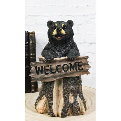 Whimsical Forest Black Bear On Tree Log Holding Welcome Plank Sign Figurine 7"H
