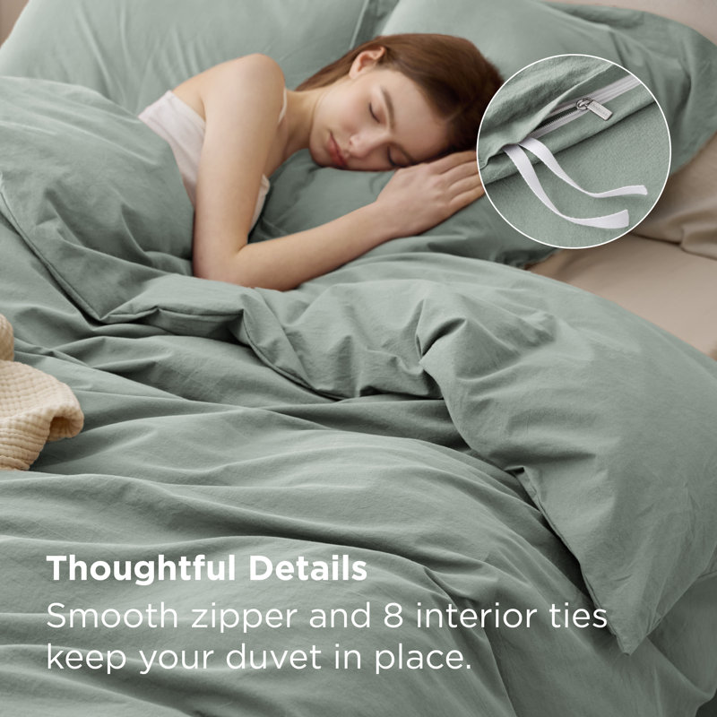 Bedsure 100% Washed Cotton Duvet Cover King Set - Minimalist Cotton Beding Set For All Season（set of 3）, Sage Green