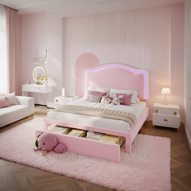 Cadres de lit à DEL Chaille avec tiroir de rangement, lit plateforme tapissier avec tête de lit réglable, Lit simple, Rose