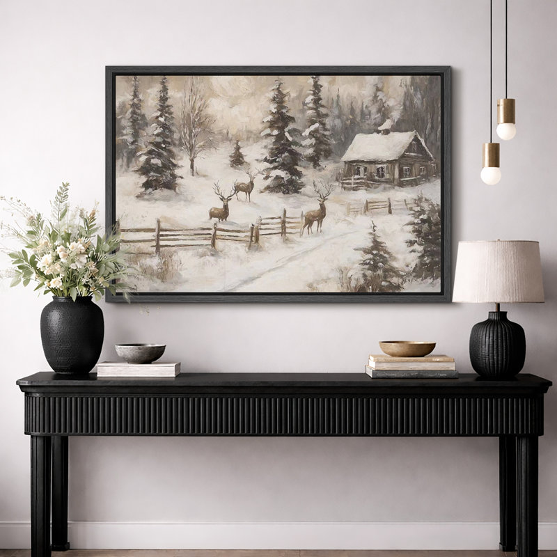 Hiver, campagne rustique, Noël, cerf, pin, forêt, décor de vacances, impression sur toile encadrée, Cadre flottant noir