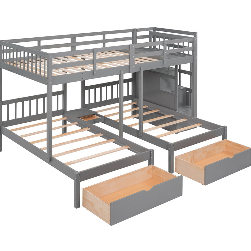 Full Over Twin & Bunk Bed, Gray, Solid Pine Wood Structure, Guardrails For , Storage Drawers Stair To Upper Security,, Gray