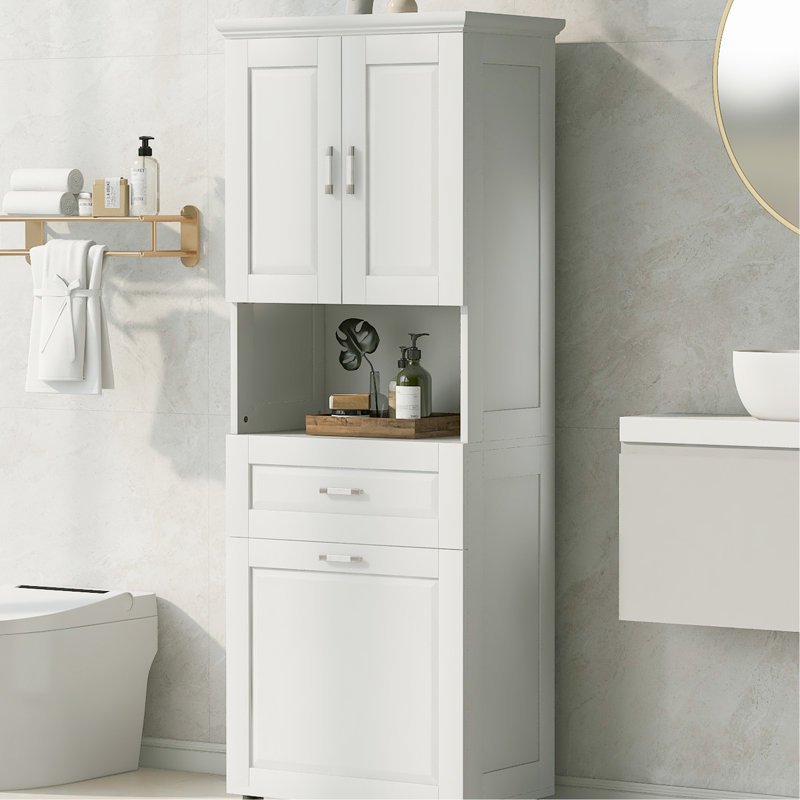 Rangement de salle de bain blanc avec panier à linge, armoire basculante