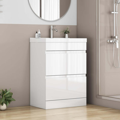24-Inch Bathroom Vanity With Sink Combo, 2 Drawers Bathroom Cabinet, Quickly Assemble Free Standing Bathroom Cabinet, Soft-Close System, Unique Thick-Edged Ceramic Basin, Handle Free Design