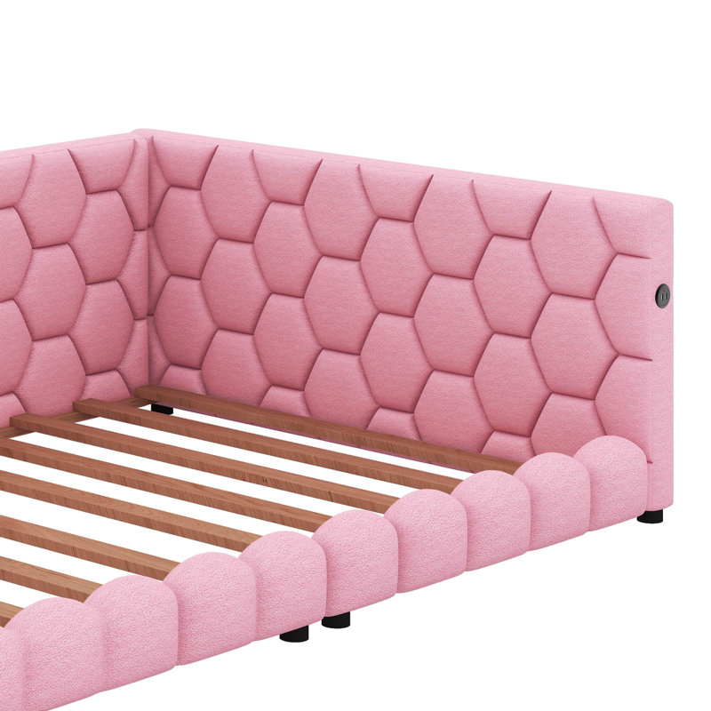 Lit plateforme tapissier double avec ports USB et DEL, Rose