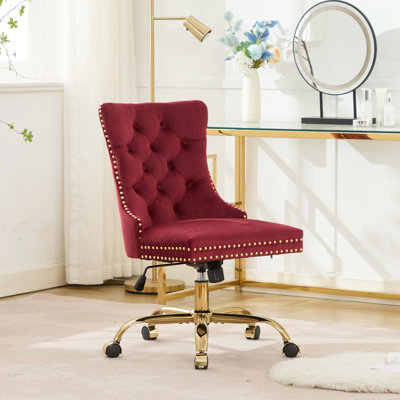 Chaise de bureau moderne avec revêtement en velours rouge vin, boutons tirés à la main, garniture cloutée, grande base en métal fabriquée de coussins à rebond élevé pour plus de stabilité, couleur