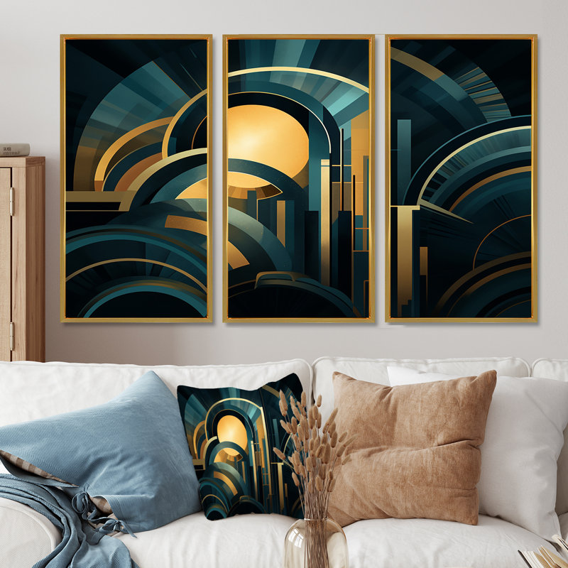 Art nouveau Golden Sunrise - ensemble de reproductions d'art géométriques murales, Cadre flottant doré