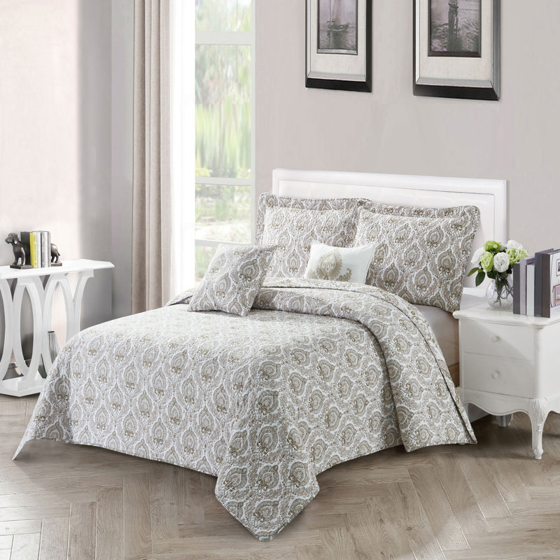  Taupe/Ivory/Gray-Green Microfiber Reversible 5 Piece Bedspread Set, Queen Coverlet + 2 Shams + 2 Throw Pillows