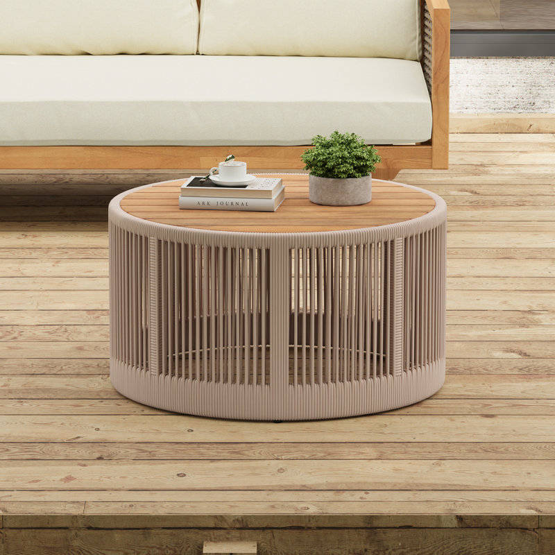 Mobilier d'extérieur, bois, corde, table basse, cour de jardin d'une largeur de 26 pouces, surface en bois, Beige