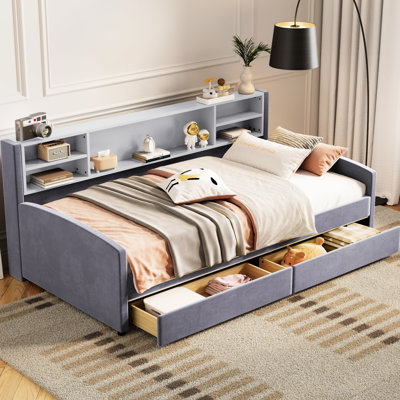 Grey Twin Bed With Upholstered Headboard And Storage Drawers Platform - Velvet Upholstery, Ample Facilities,