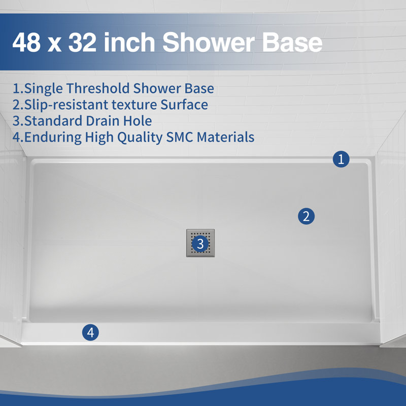 48" X 32" Square White Shower Base Center Drain, Non-Slip Design