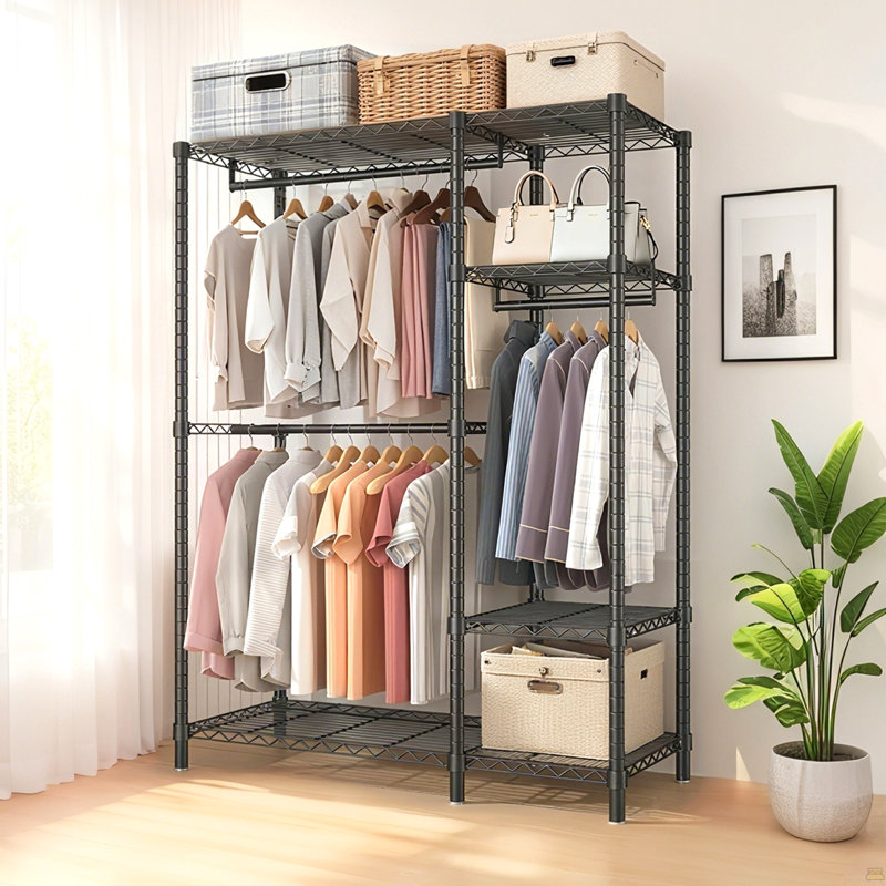 Heavy Duty Clothes Rack, Freestanding Closet Organizer, Portable Metal Clothing Rack, Adjustable Wire Shelving Clothes Rack with 6 Adjustable Wire Shelves and 3 Clothes Rails, Black