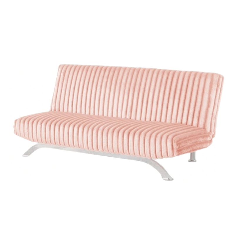 Villy Futon Sofa Bed, Chrome Metal Legs, Pink Channel Tufted Fabric, Pink Fabric