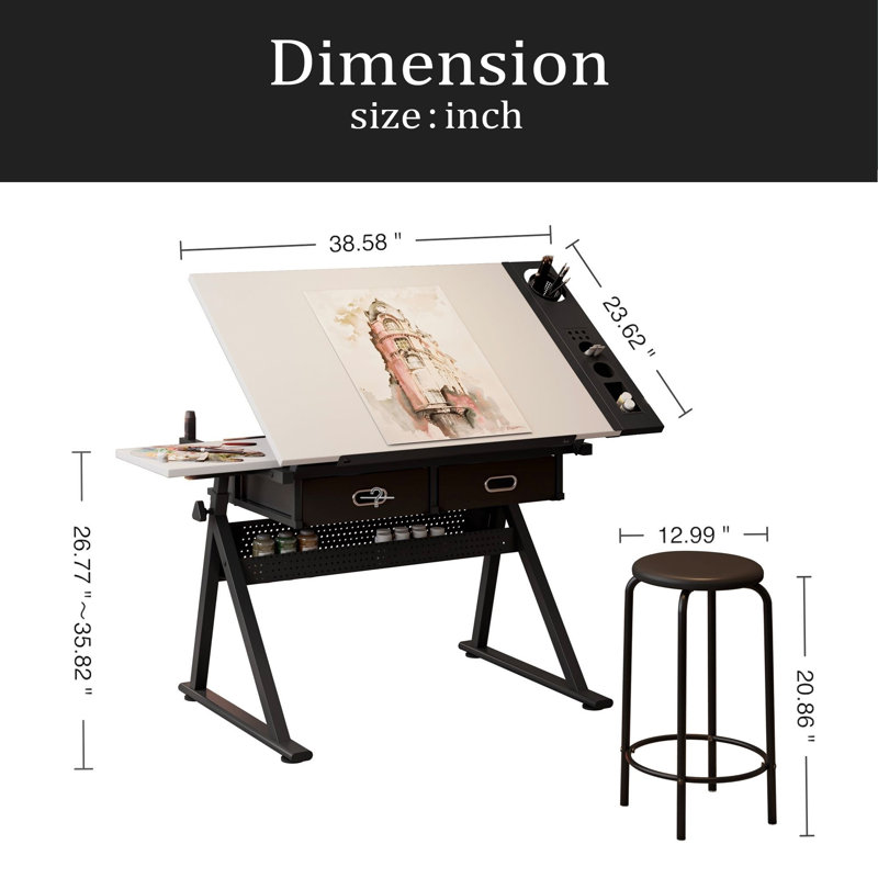Bureau de dessin réglable avec 2 tiroirs pour bureau à domicile et école avec tabouret