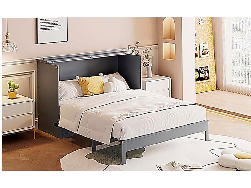 Lit escamotable double avec grand tiroir, gris, Gris, Double