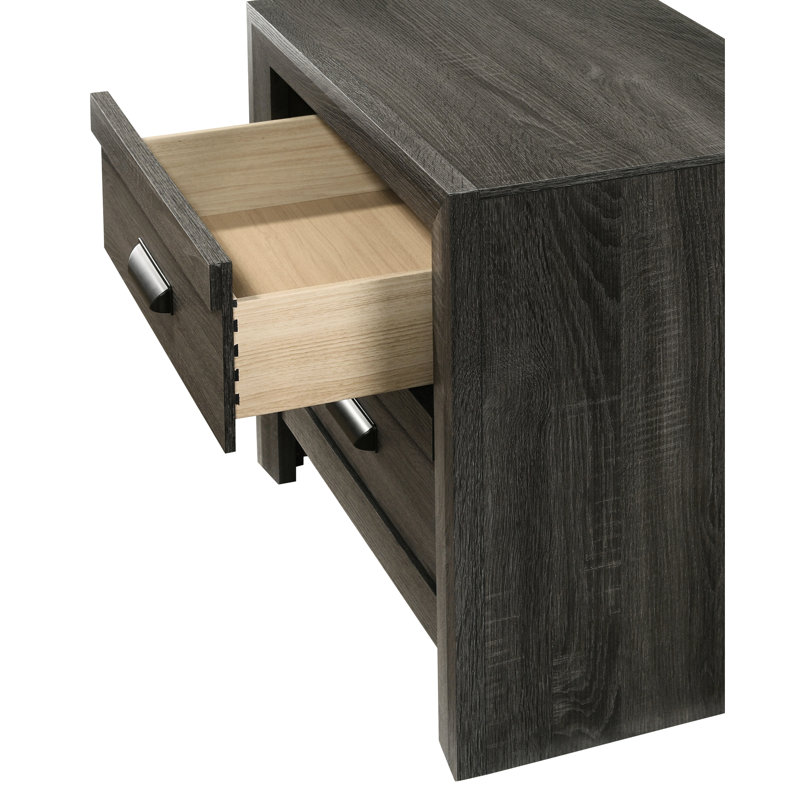 Table de chevet contemporaine à finition rustique grise, deux tiroirs, poignée en métal, table de chevet en bois avec finition de rangement, addition
