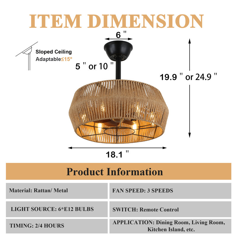 18 Inch Boho Rattan Hemp 6 Speeds DC Motor Caged Ceiling Fan with Lights and Remote Control