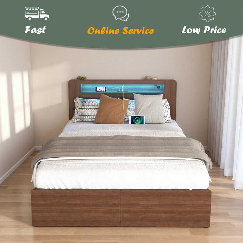 Wooden Bed Frame Queen Size Farmhouse Platform Bed Frame With Bookcase Shelf & 2 Storage Drawers, Storage LED Light Headboard , Noise Free,No Box Spring Needed And Easy Assembly