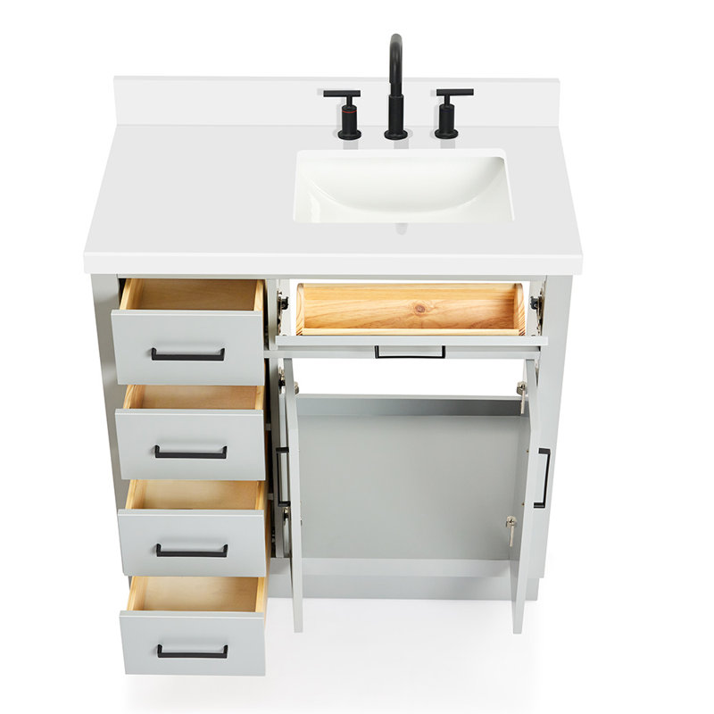 Meuble-lavabo simple en bois massif 36 po Tidworth avec plateau en quartz 1,5 po, Gris, Oui, Forme rectangulaire