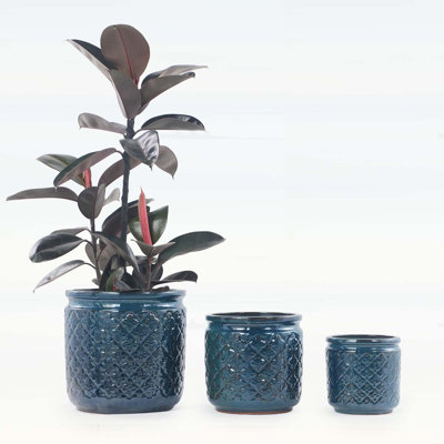 Ensemble de pots de fleurs en céramique faits à la main, motif géométrique bleu marine, argile respirante pour plantes saines, utilisation intérieure / extérieure