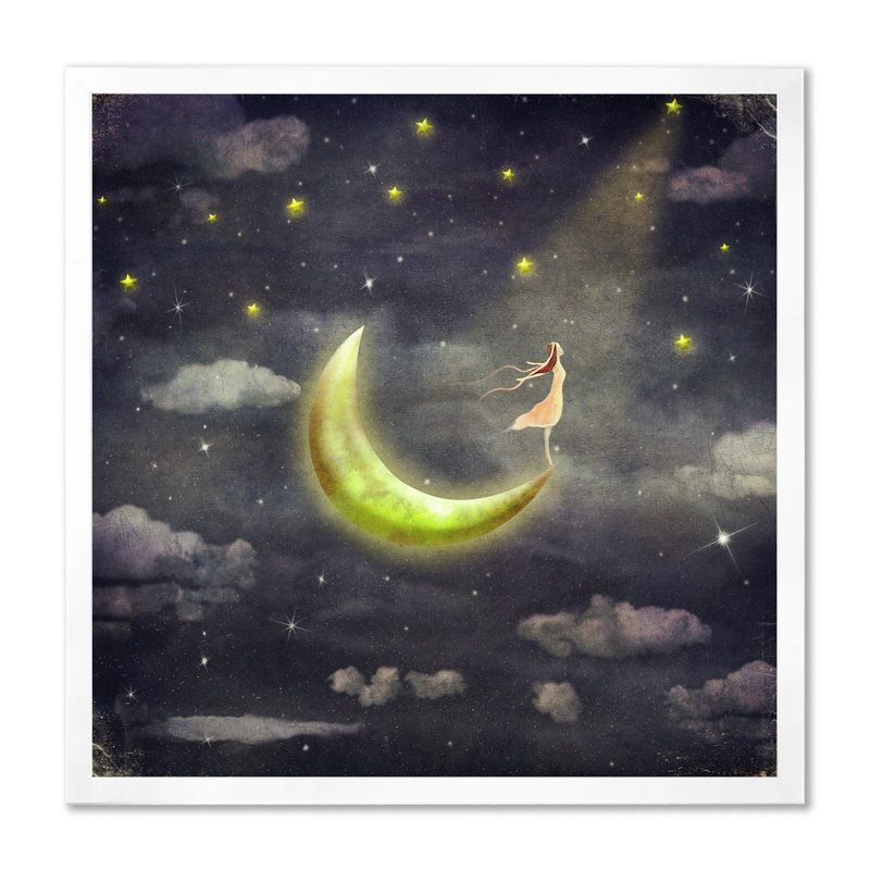 «Cute Girl Lightning The Moon», art sur toile pour enfants, H 30 po x l 30 po x P 1 po, Cadre photo blanc
