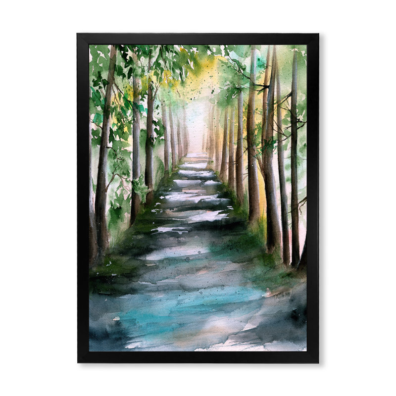 Une allée de forêt ensoleillée avec des ombres d'arbre - peinture sur toile, Toile avec cadre de coin noir fermé