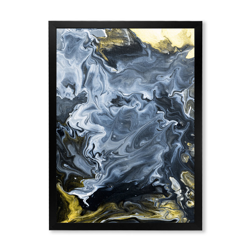 Or blanc et nuages de marbre jaune IV - peinture sur toile, Cadre d'angle fermé noir, H 32 po x l 24 po