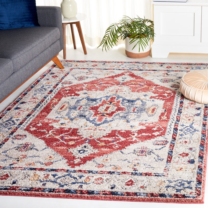 Tapis oriental en polypropylène tissé à la machine en beige / bleu / rouge Masias, Rectangle 5 pi 3 po x 7 pi 6 po