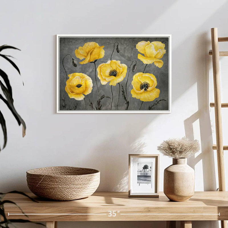 Coquelicots jaunes, Cadre flottant blanc, 19 po x 13 po