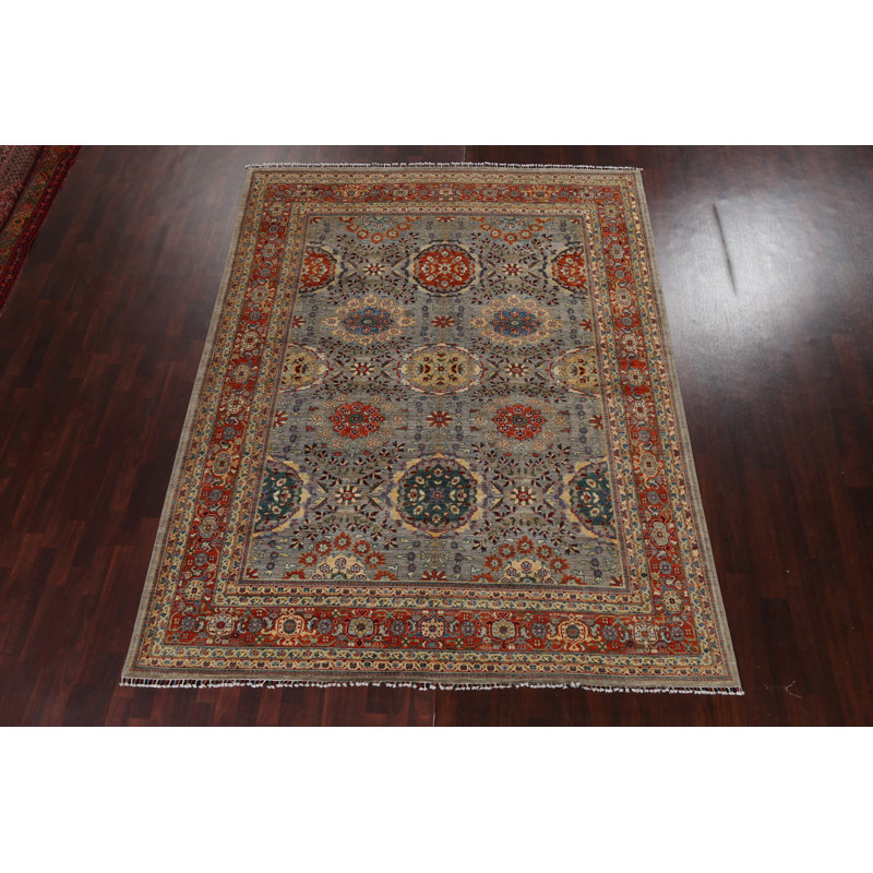 Tapis gris en laine noué à la main de conception unique 7 pi 10 po x 10 pi 0 po