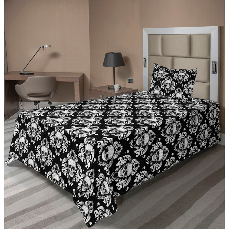 Ambesonne Skull Sheet Set Gothic Damask Flowers Print Charcoal Grey and White, Twin Sheet Set with 1 Pillowcase