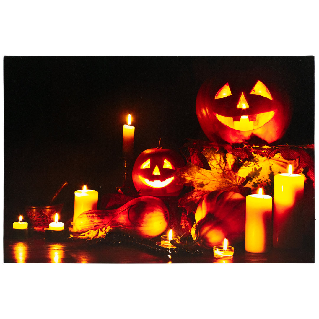 LED Lighted Jack-O-Lanterns and Leaves Halloween Canvas Wall Art 15.75" x 23.5" Northlight Seasonal