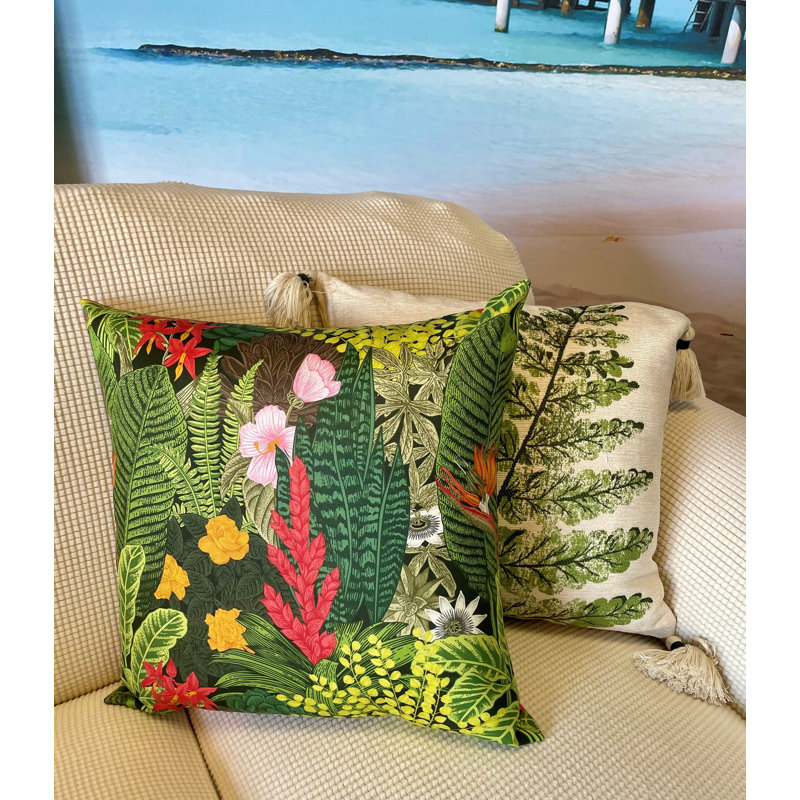 Vibrant Floral Green and Red Square Outdoor Pillow