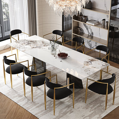 Modern Dining Table Set For 8-10 With 94.5'' Extendable Sintered Stone Dining Table And 8 Fabric Upholstered Arm Chairs