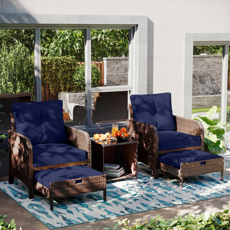 5 Pieces Outdoor Patio Chairs Set,PE Wicker Conversation Furniture with Cushions,Coffee Table,Navyblue, Navy