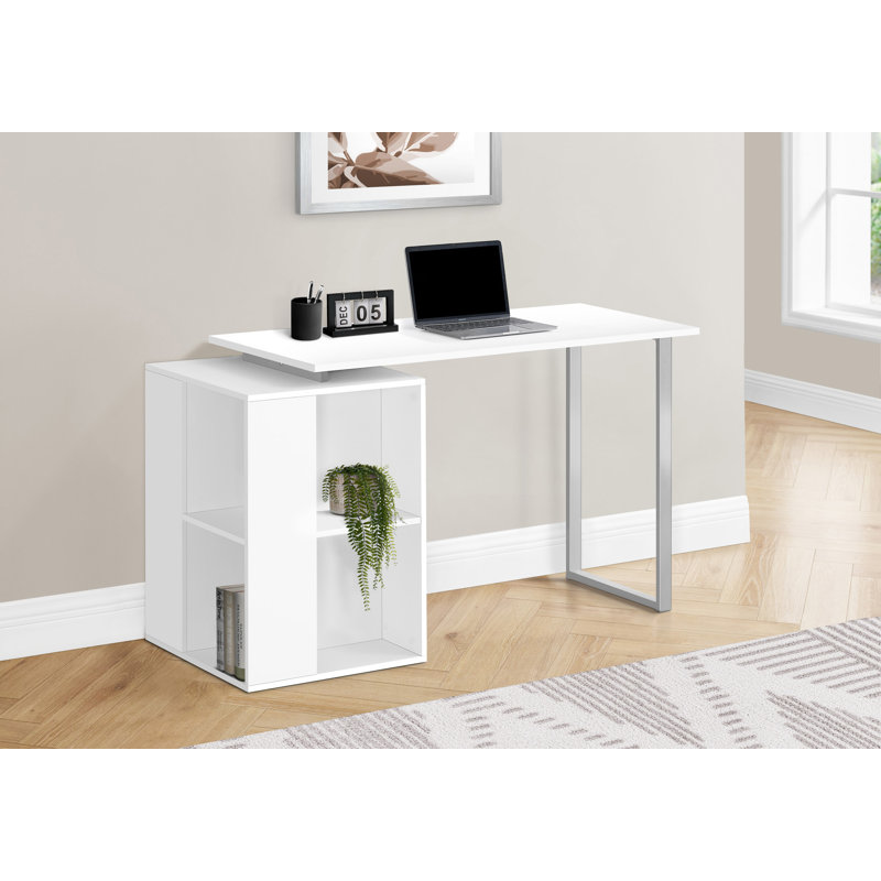 Modern Computer Desk With Reversible Bookcase, White/Gray